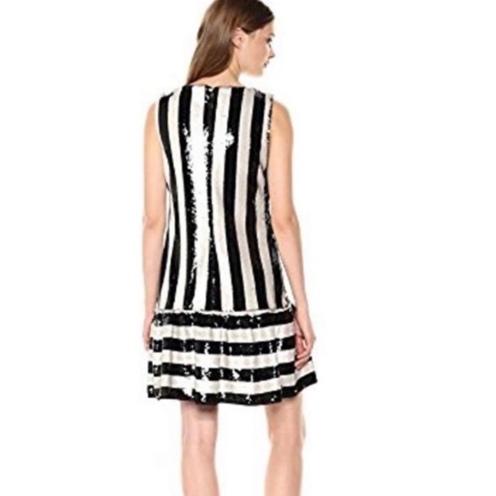 Betsey Johnson Black & Ivory Striped Sequin Ruffle Hem Mini Dress. Size 2. #630 - Picture 2 of 9